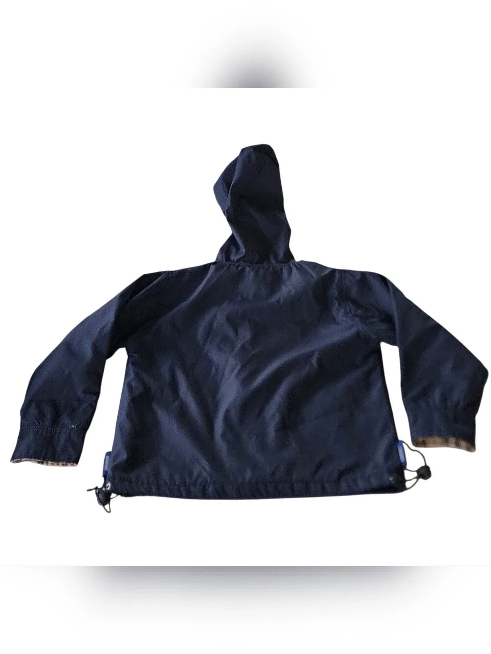 Navy Hooded Raincoat with Beige Check Hood Lining